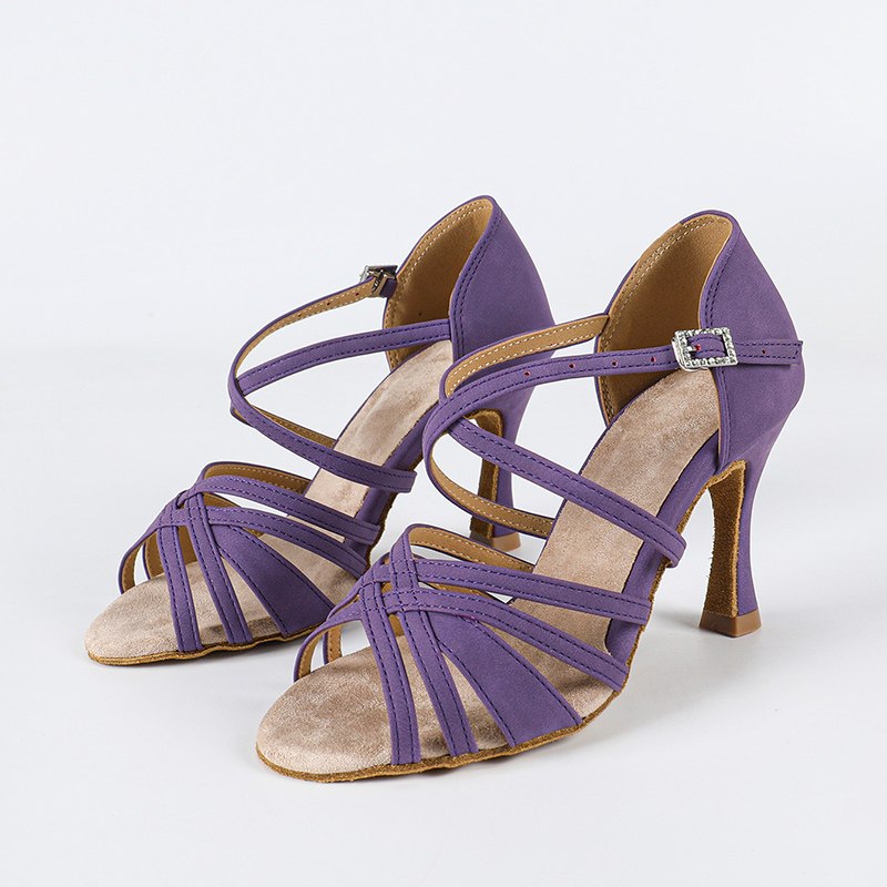 Women's Purple Orange Nubuck Customized Heel Ankle Strap Ballroom Latin Dance Shoes