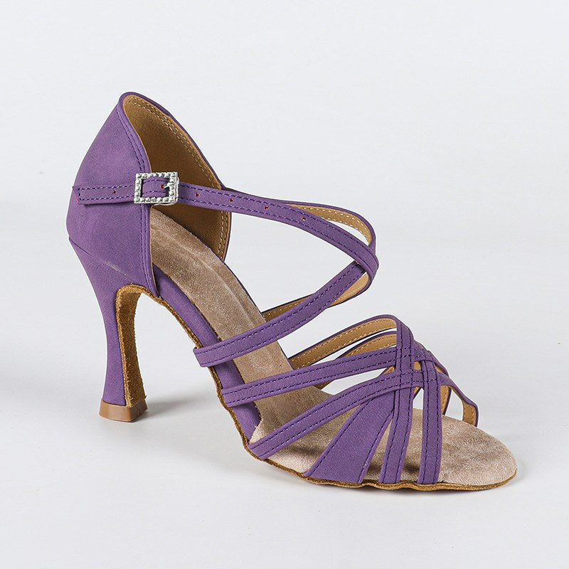 Women's Purple Orange Nubuck Customized Heel Ankle Strap Ballroom Latin Dance Shoes