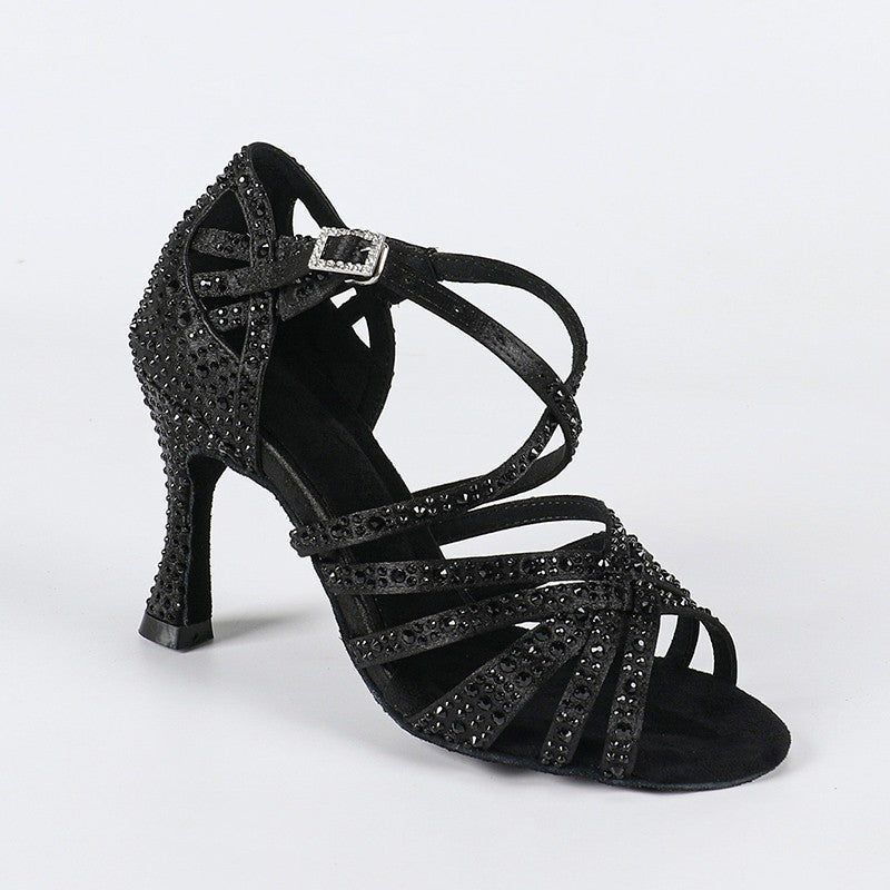Women's Customized Heel Black Strappy Dance Shoes With Crystals