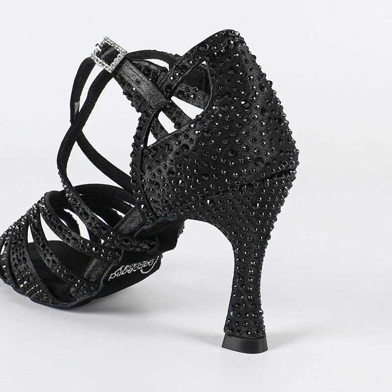 Women's Customized Heel Black Strappy Dance Shoes With Crystals