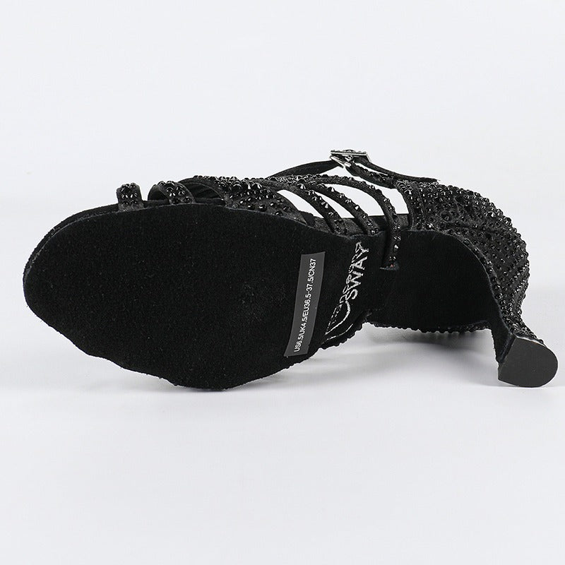 Women's Customized Heel Black Strappy Dance Shoes With Crystals
