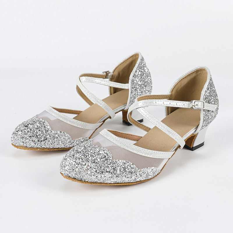 DS Women's Silver Sparkling Glitter Customized Heels Ballroom Dance Shoes Modern Shoes