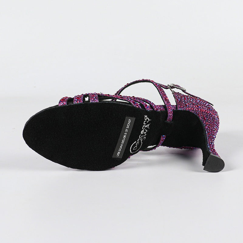 DS Women's Purple Customized Heel Rhinestones Strappy Dance Shoes