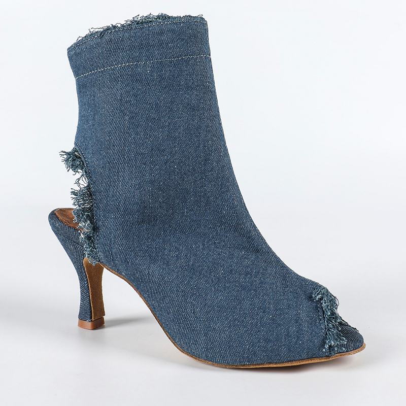 DS Women's Blue Denim Customized Heel Dance Boots Salsa Jazz Dance Shoes