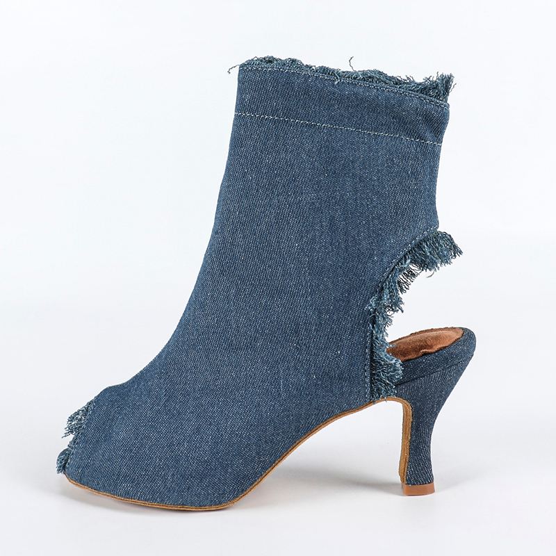 DS Women's Blue Denim Customized Heel Dance Boots Salsa Jazz Dance Shoes