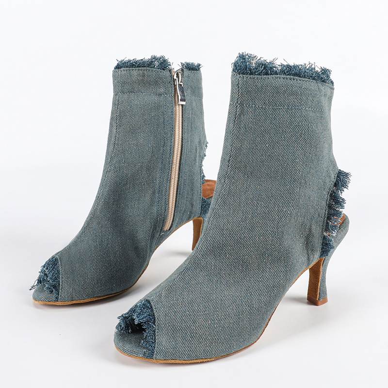 DS Women's Blue Denim Customized Heel Dance Boots Salsa Jazz Dance Shoes