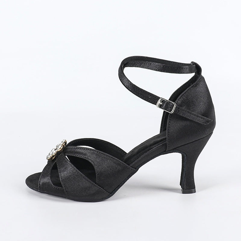 DS Women's Black Satin Customized Heel Latin Dance Shoes Ballroom Dance Shoes