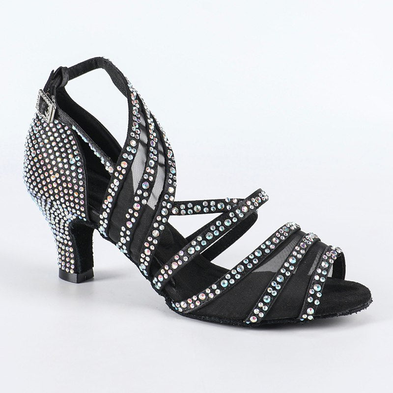 DS Women's Black Satin Rhinestone Customized Heel Salsa Latin Dance Shoes
