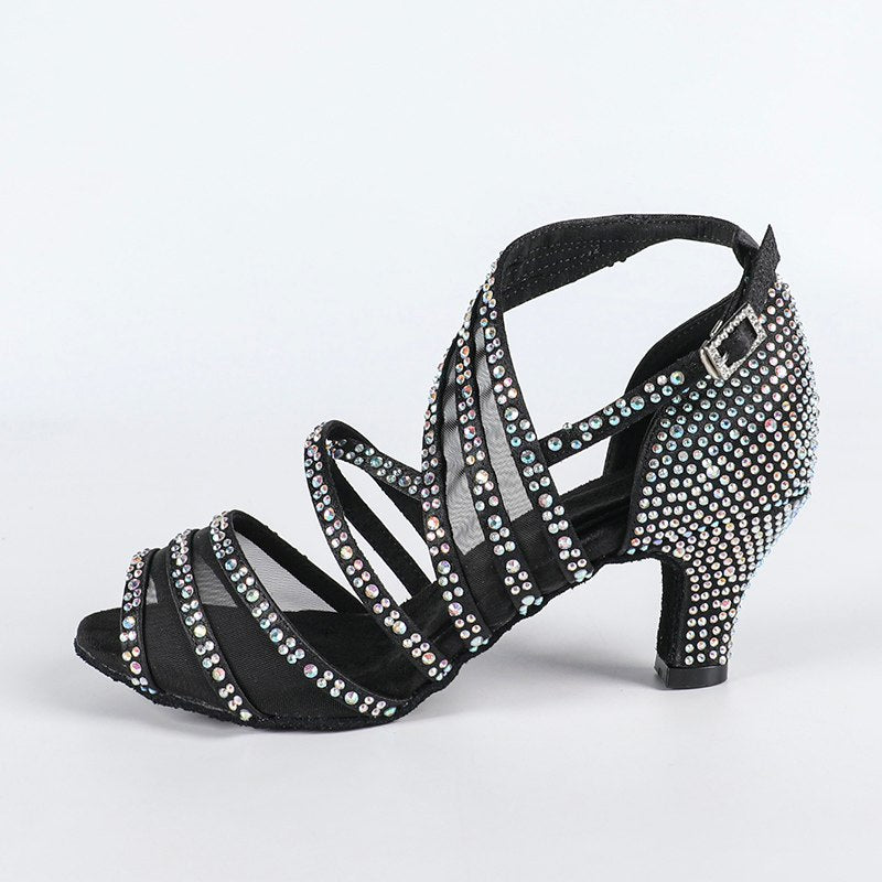 DS Women's Black Satin Rhinestone Customized Heel Salsa Latin Dance Shoes
