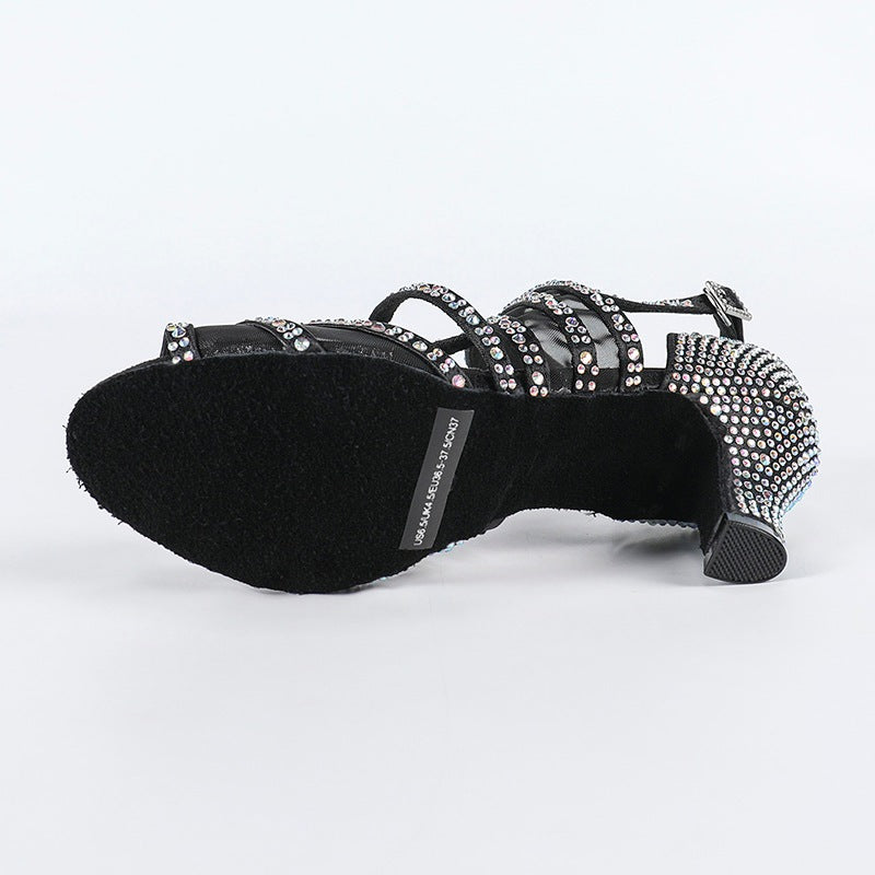 DS Women's Black Satin Rhinestone Customized Heel Salsa Latin Dance Shoes