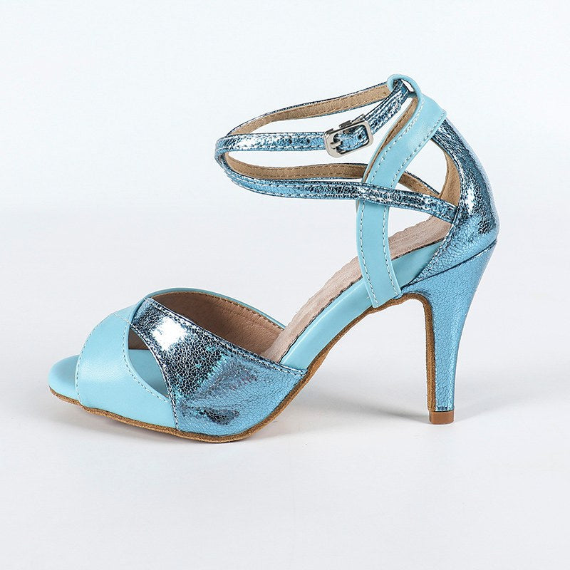 DS Women's Blue PU Customized Heel Latin Shoes Ballroom Dance Shoes