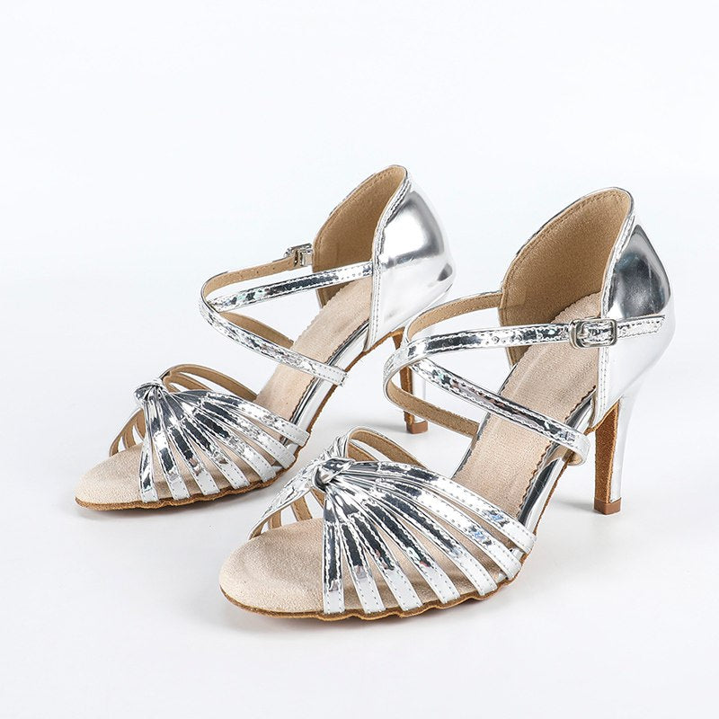 DS Women's Silver PU Customized Heel Latin Shoes Ballroom Dance Shoes