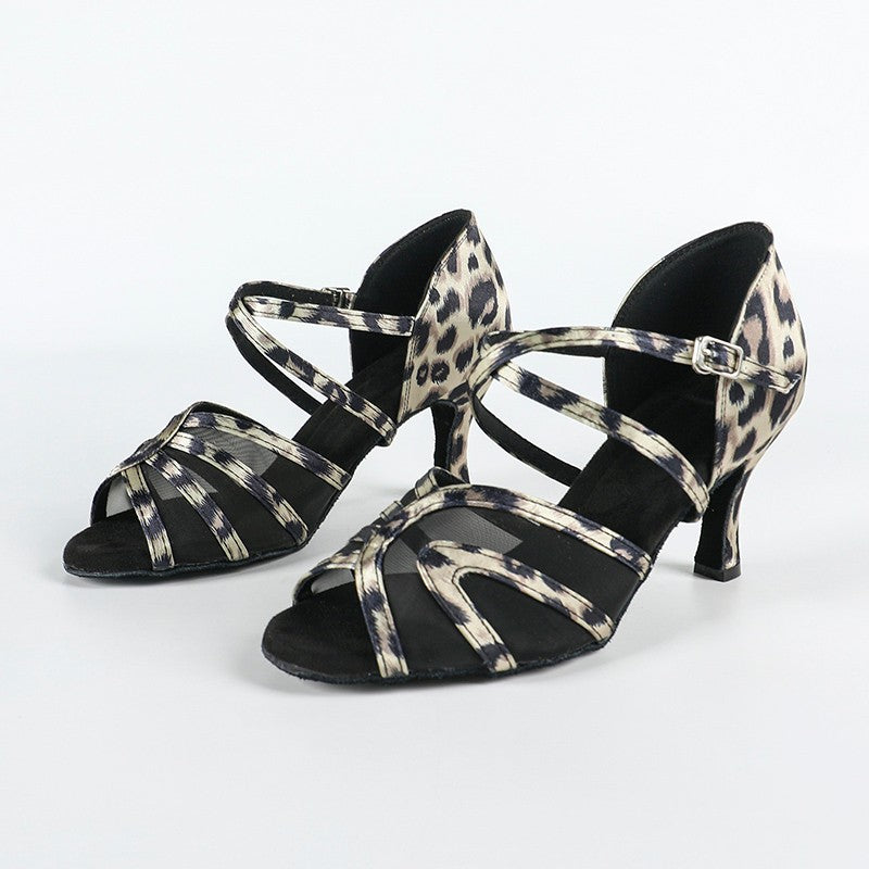 DS Women's Leopard Satin Customized Heel Latin Shoes Ballroom Dance Shoes