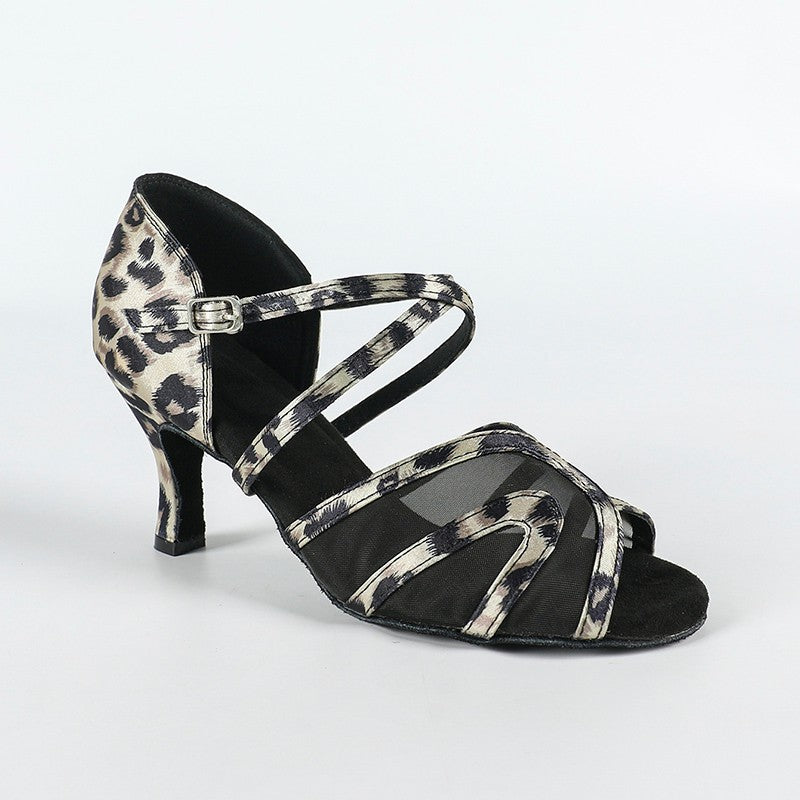 DS Women's Leopard Satin Customized Heel Latin Shoes Ballroom Dance Shoes