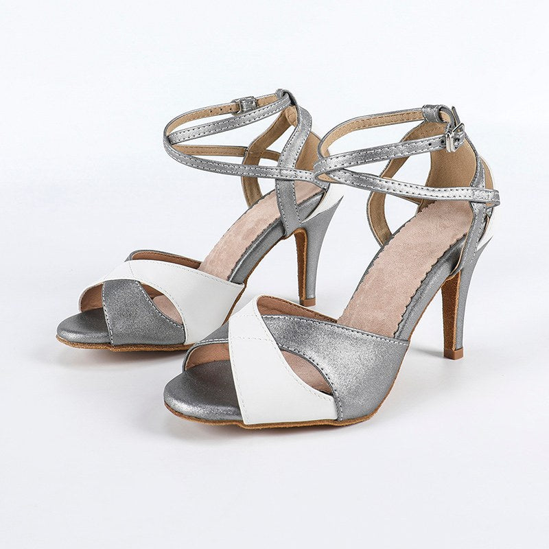 DS Women's Gray PU Customized Heel Latin Shoes Ballroom Dance Shoes