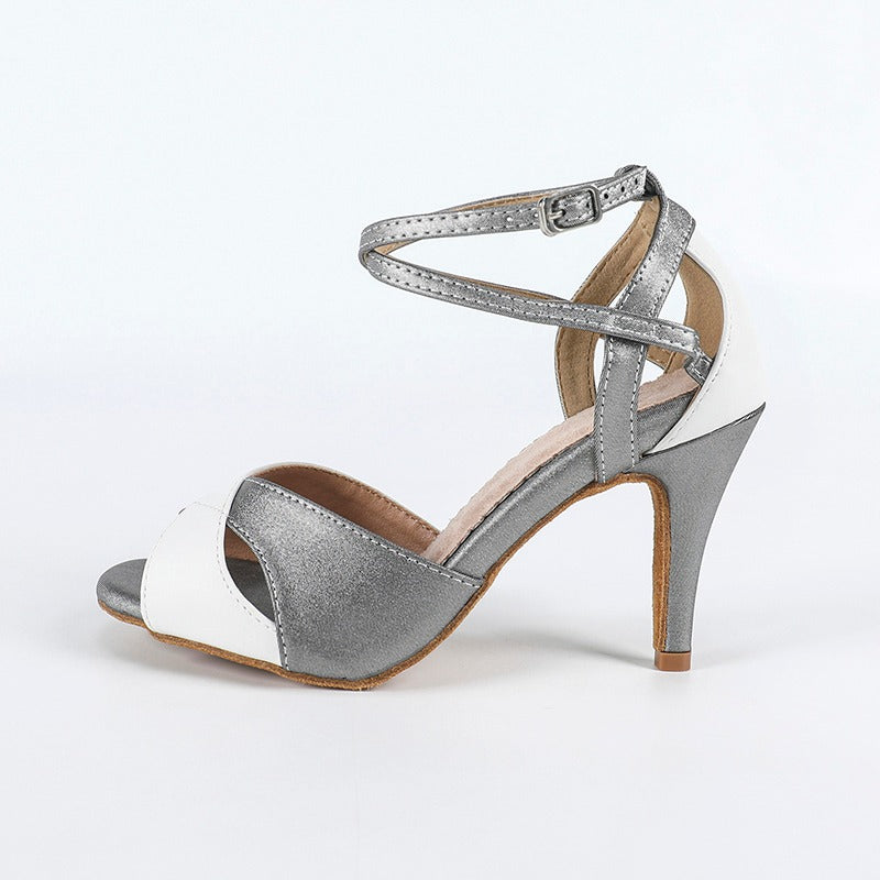 DS Women's Gray PU Customized Heel Latin Shoes Ballroom Dance Shoes