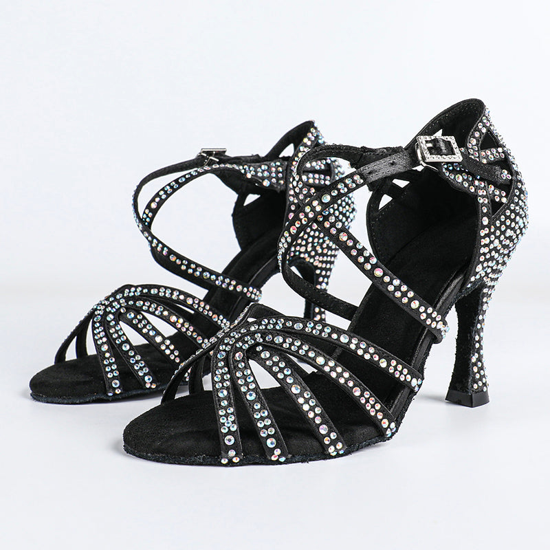 Women's Black Strappy Satin Rhinestones Customized Heel Dance Shoes