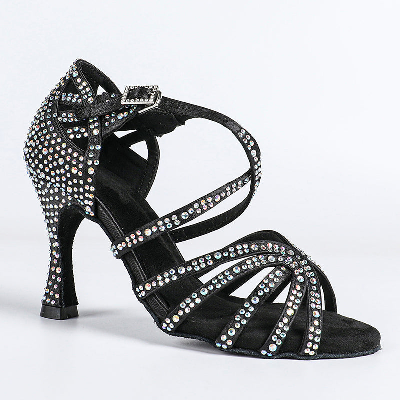 Women's Black Strappy Satin Rhinestones Customized Heel Dance Shoes