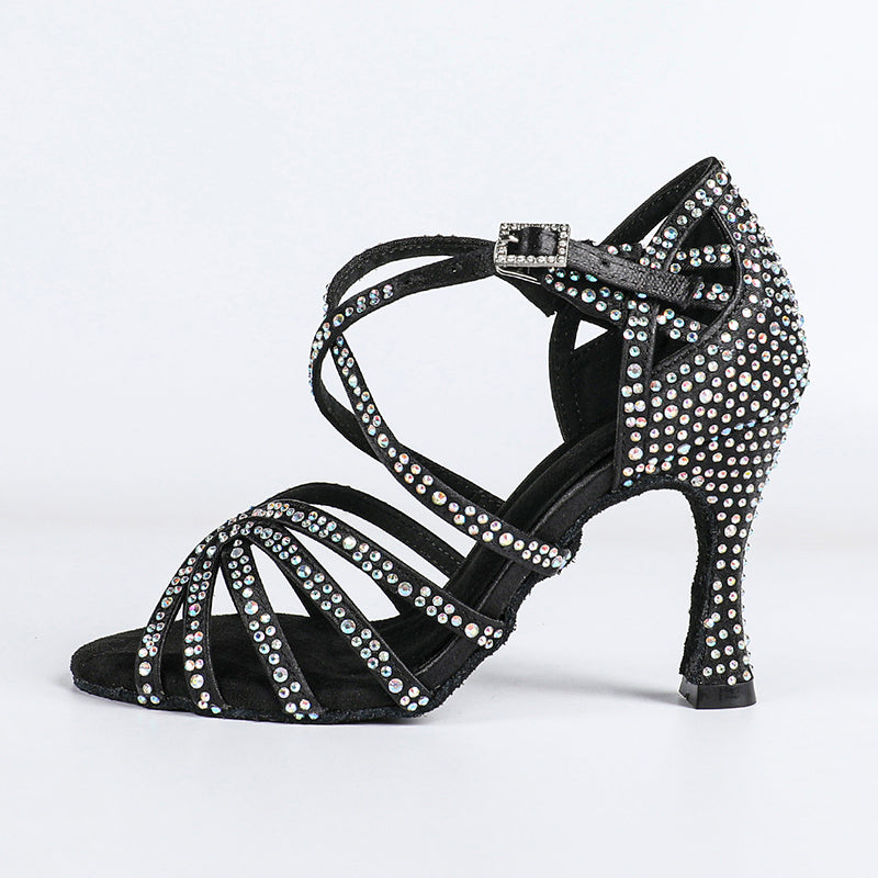 Women's Black Strappy Satin Rhinestones Customized Heel Dance Shoes