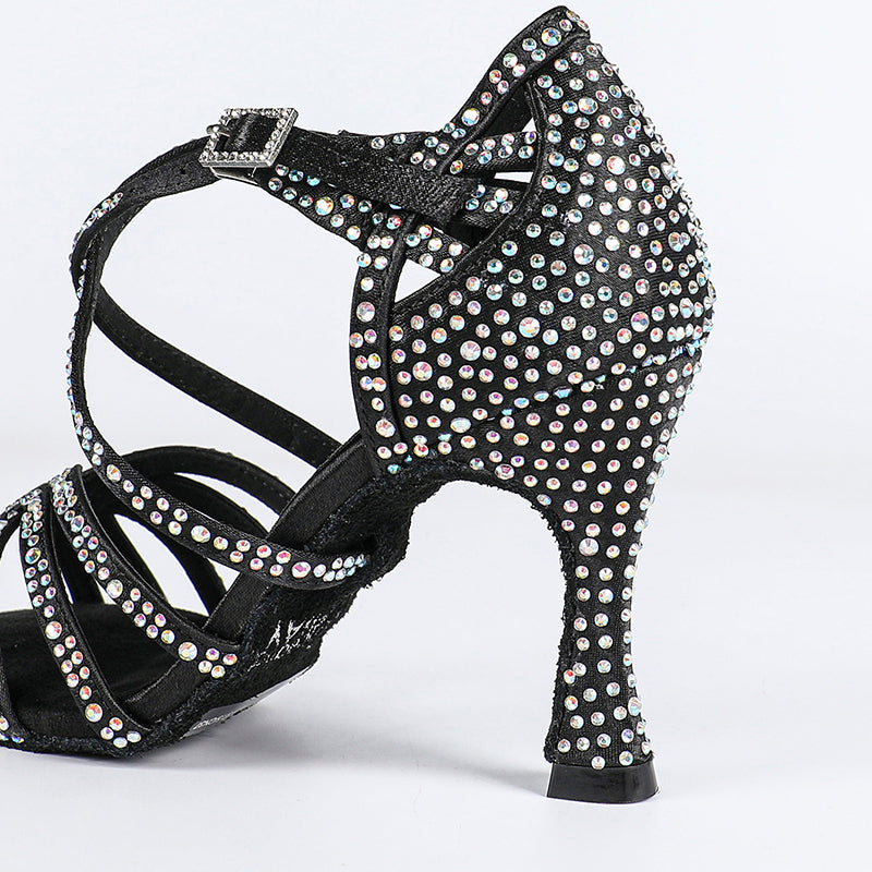 Women's Black Strappy Satin Rhinestones Customized Heel Dance Shoes