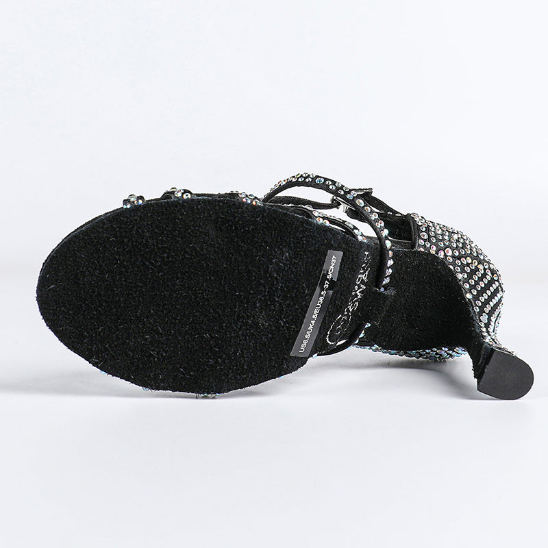 Women's Black Strappy Satin Rhinestones Customized Heel Dance Shoes