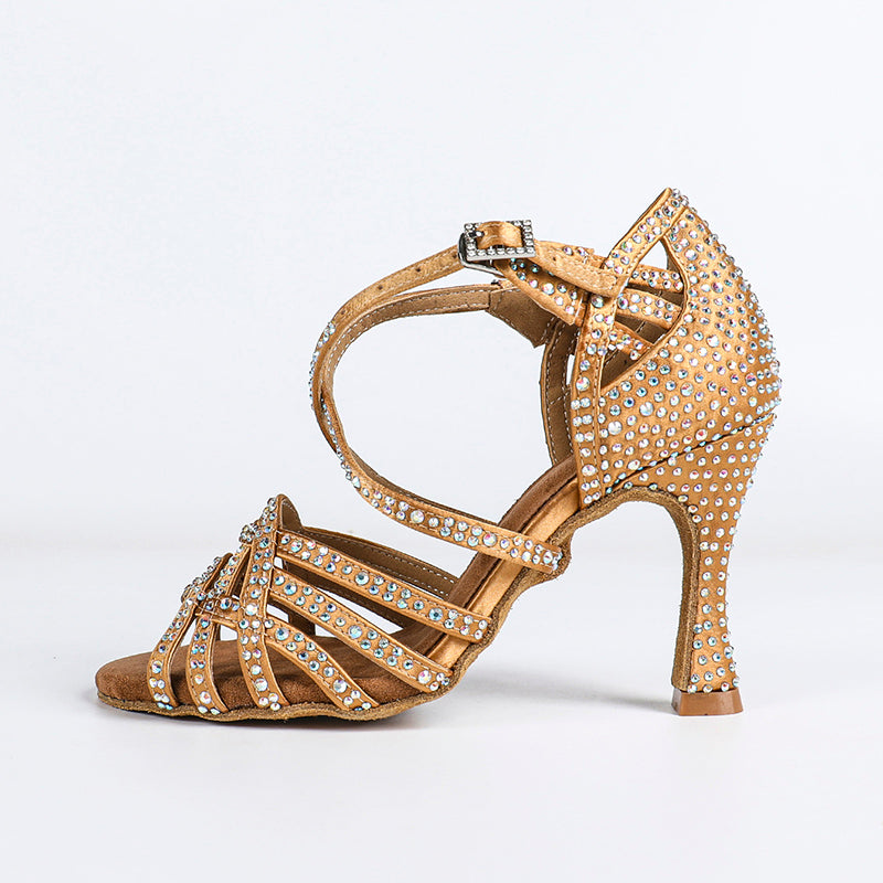 Women's Bronze Customized Heel Satin Rhinestones Strappy Dance Shoes