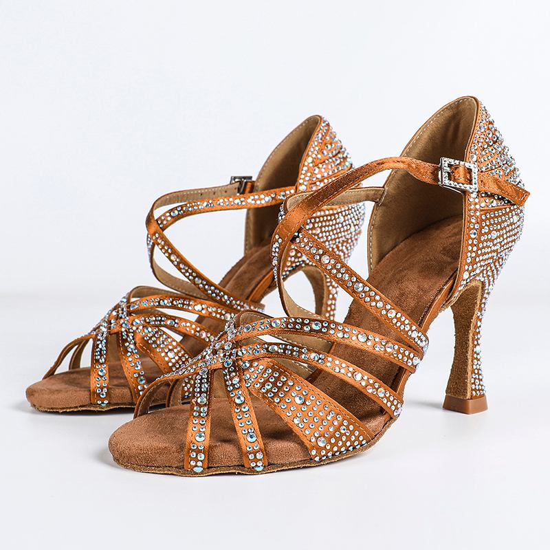 Women's Brown Customized Heel Open Toe Strappy Dance Shoes With Crystals