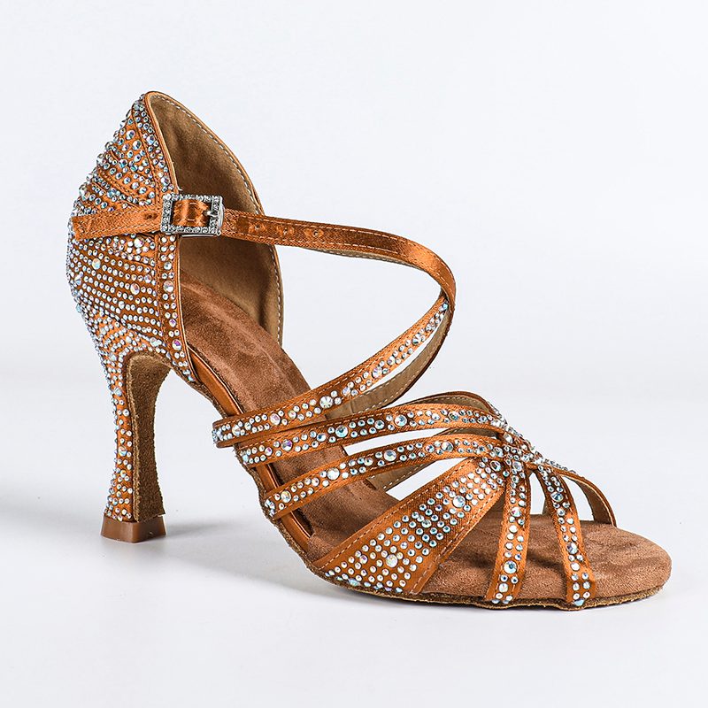 Women's Brown Customized Heel Open Toe Strappy Dance Shoes With Crystals