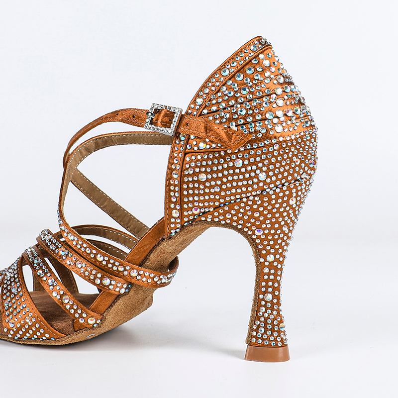 Women's Brown Customized Heel Open Toe Strappy Dance Shoes With Crystals