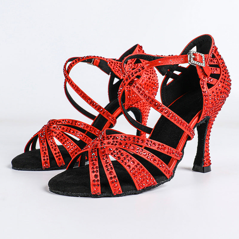 Women's Red Customized Heel Open Toe Strappy Dance Shoes with Crystals