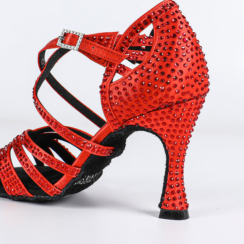 Women's Red Customized Heel Open Toe Strappy Dance Shoes with Crystals