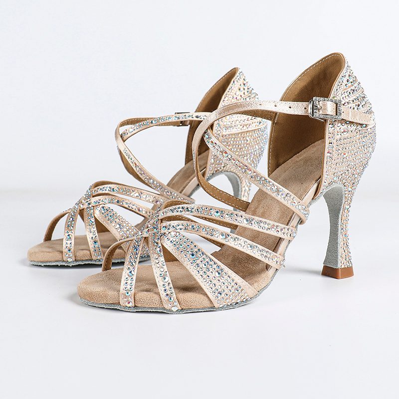 Women's Light Pink Customized Heel Open Toe Strappy Dance Shoes With Crystals