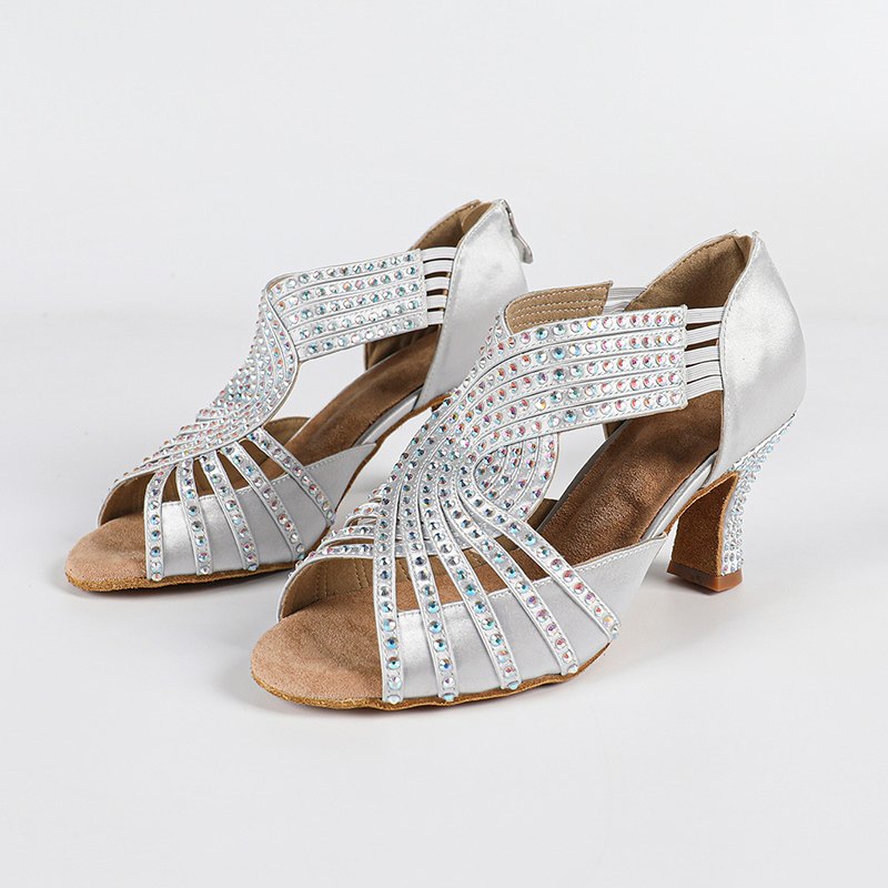 DS Women's Silver Customized Heel Strappy Satin Rhinestones Sandal Bride Dance Shoes