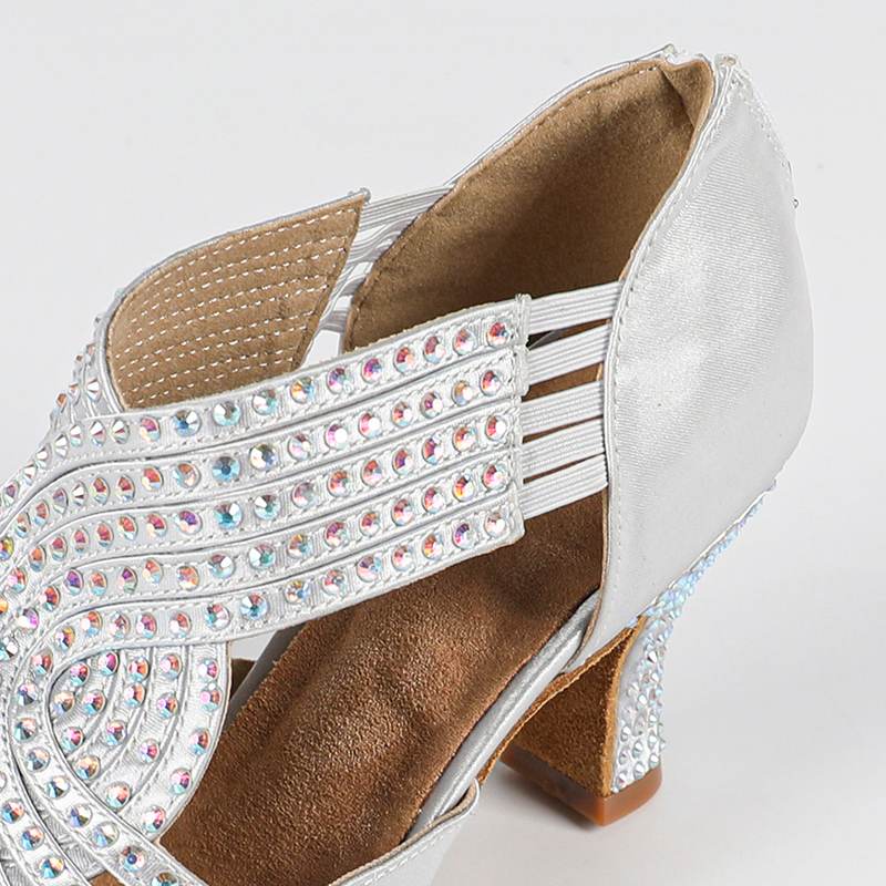DS Women's Silver Customized Heel Strappy Satin Rhinestones Sandal Bride Dance Shoes