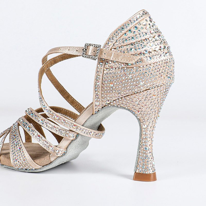 Women's Light Pink Customized Heel Open Toe Strappy Dance Shoes With Crystals