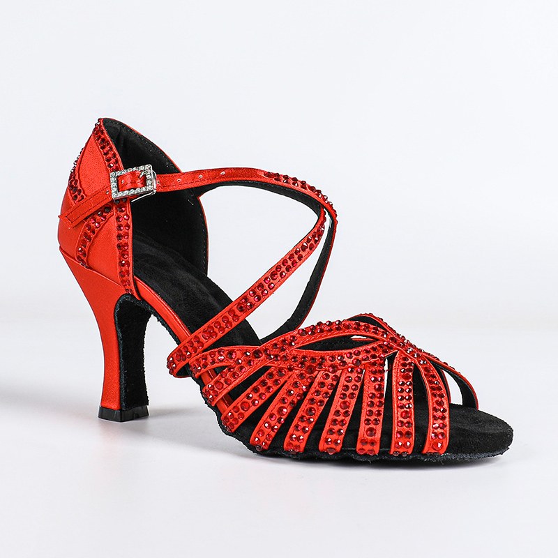 DS Women's Red Satin & Rhinestones Sandal Customized Heel Dance Shoes