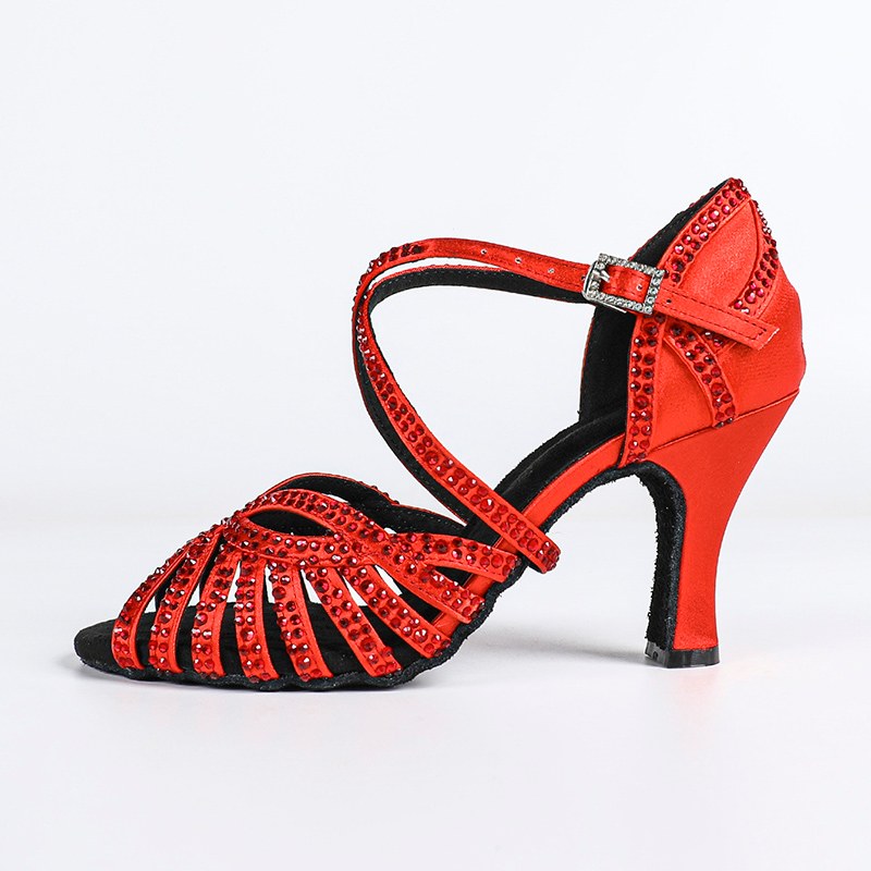 DS Women's Red Satin & Rhinestones Sandal Customized Heel Dance Shoes