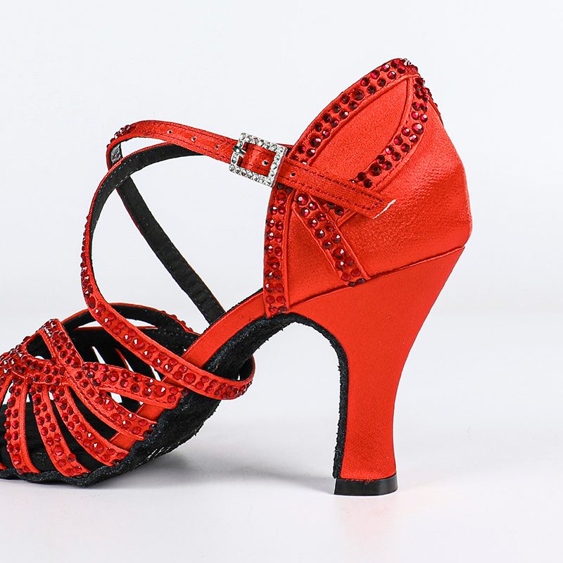 DS Women's Red Satin & Rhinestones Sandal Customized Heel Dance Shoes