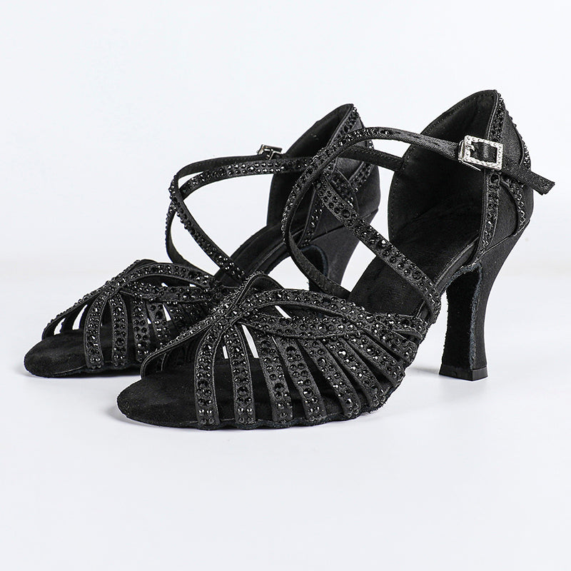 Women's Black Satin & Rhinestones Sandal Customized Heel Dance Shoes