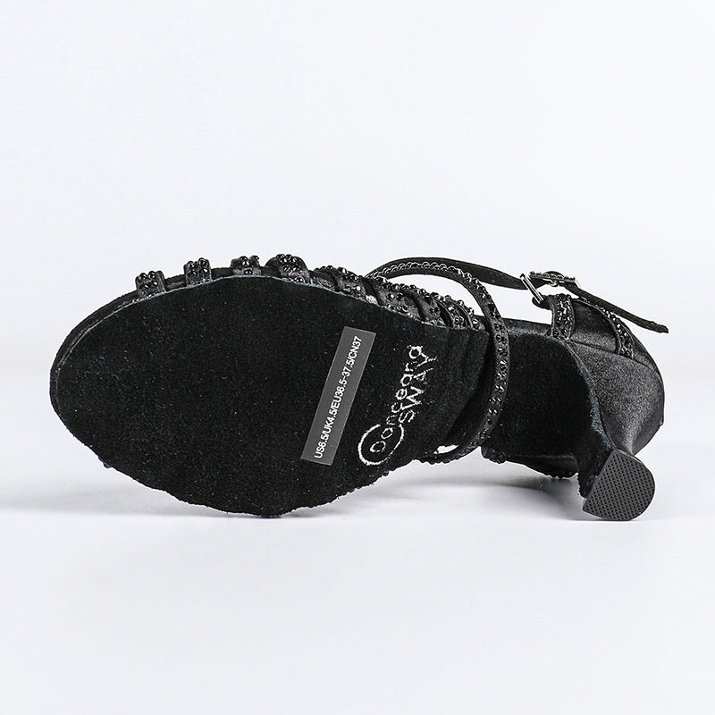 Women's Black Satin & Rhinestones Sandal Customized Heel Dance Shoes