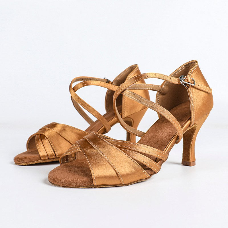 Women's Brown Satin Customized Heel Ballroom Latin Dance Shoes