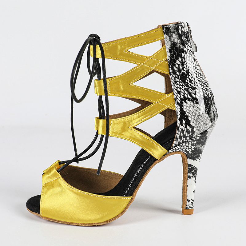 DS Women's Yellow Satin Customized Toe Heels Dance Boots Jazz Salsa Dancing Shoes