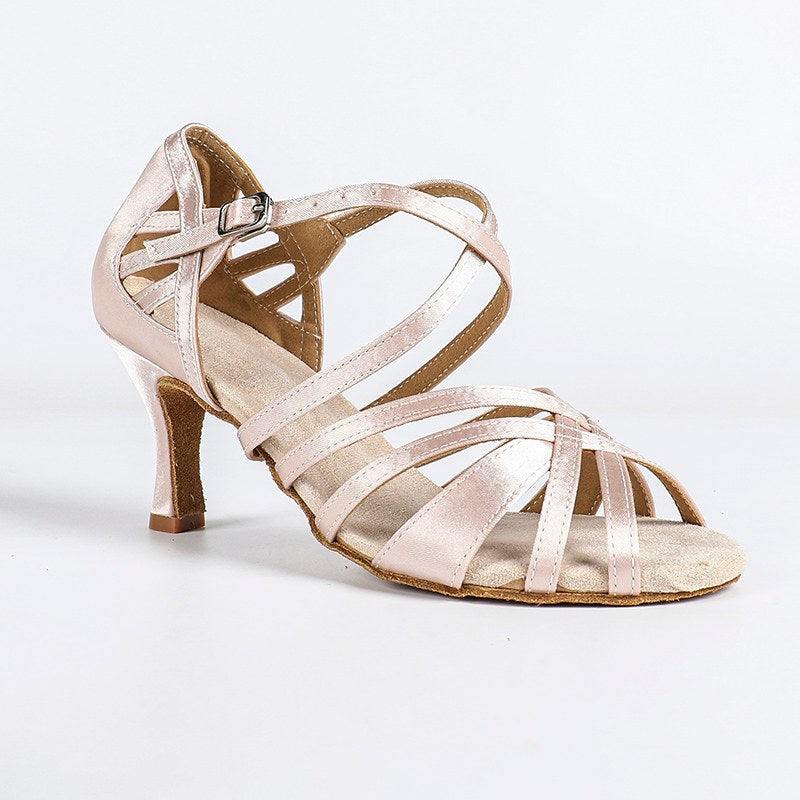 HW Women's Apricot Customized Heel Satin Strappy Dance Shoes Latin Dance Shoes