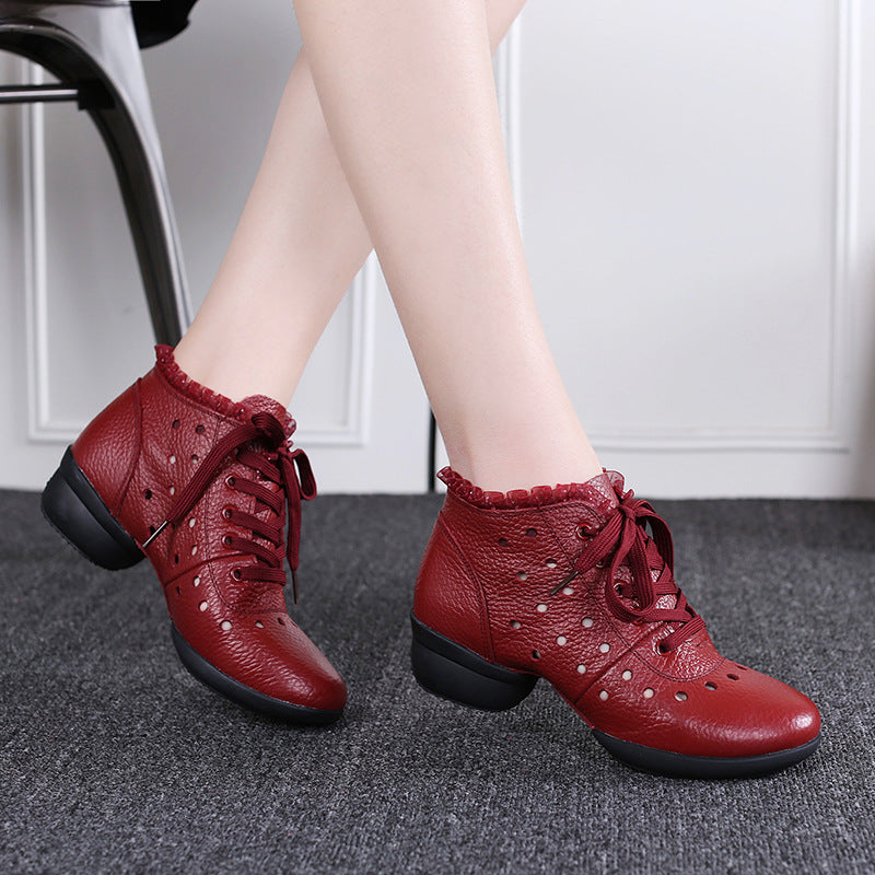 Women's Leather  Hollow Out Lace-up 4cm Heel Dance Sneakers Practice Dance Shoes Jazz Dance