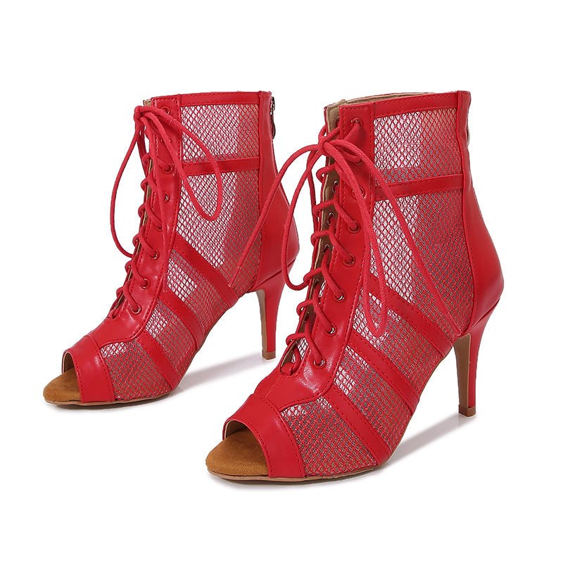 Women's Red Customized Dance Heels Rubber Sole Peep Toe Lace-up Jazz Shoes Dance Boots
