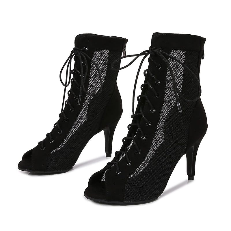 Women's Black Customized Dance Heels Rubber Sole Peep Toe Lace-up Jazz Shoes Dance Boots