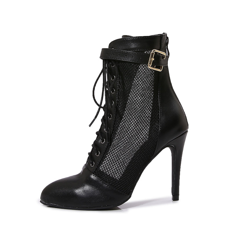 Women's Black 10.5cm Heels Rubber Lace-up Jazz Shoes Dance Boots