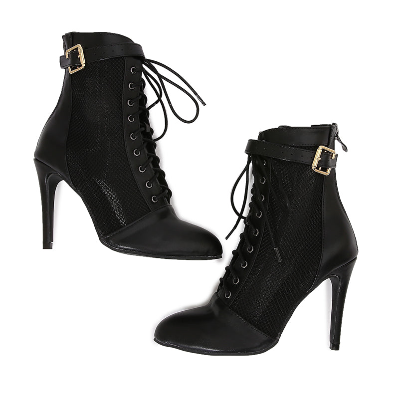 Women's Black 10.5cm Heels Rubber Lace-up Jazz Shoes Dance Boots