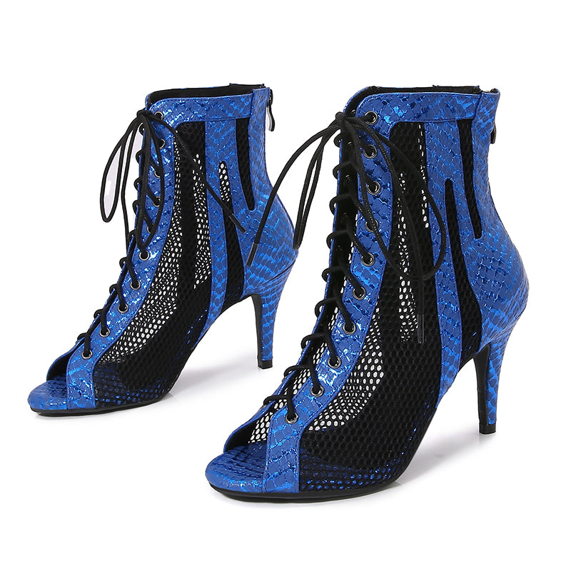 Women's Blue Customized Dance Heels Rubber Sole Peep Toe Lace-up Jazz Shoes Dance Boots