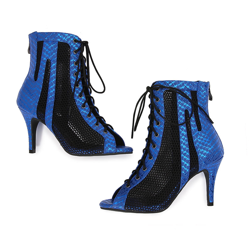 Women's Blue Customized Dance Heels Rubber Sole Peep Toe Lace-up Jazz Shoes Dance Boots